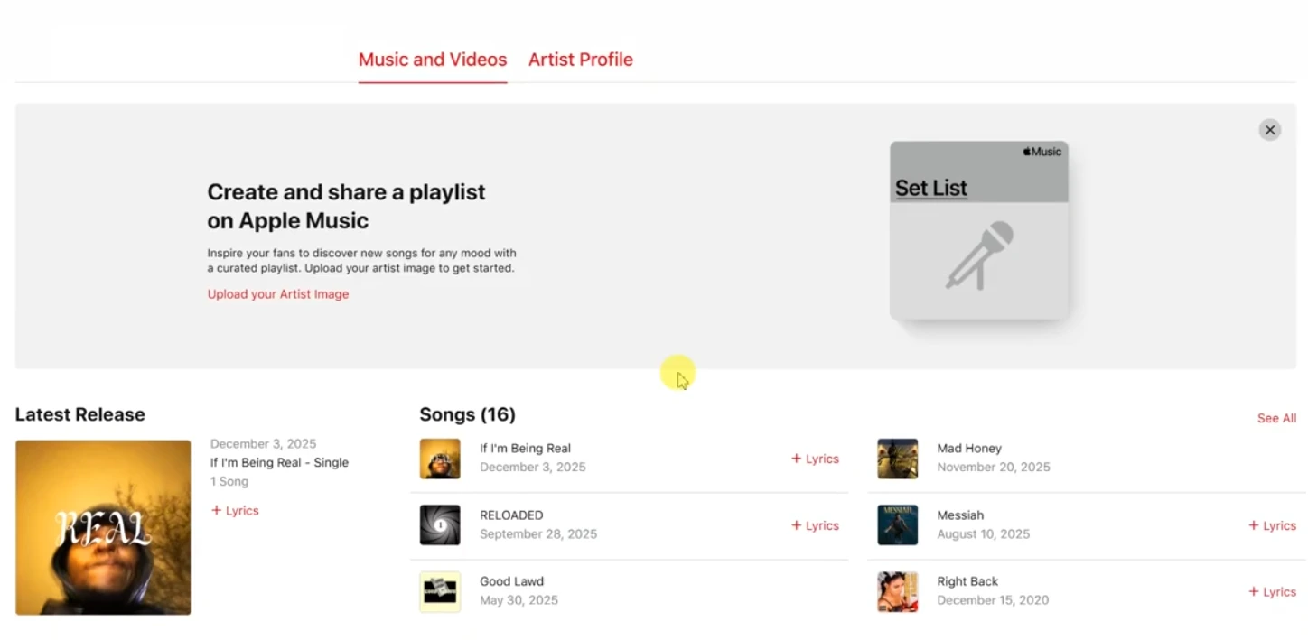 Apple Music for Artists settings